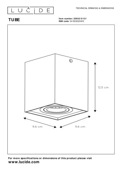 Lucide TUBE - Ceiling spotlight - 1xGU10 - White - technical